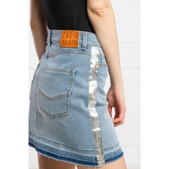 ZADIG & VOLTAIRE Juicy Silver Trim Denim Skirt Button-Fly Raw Hem - Picture 8 of 14
